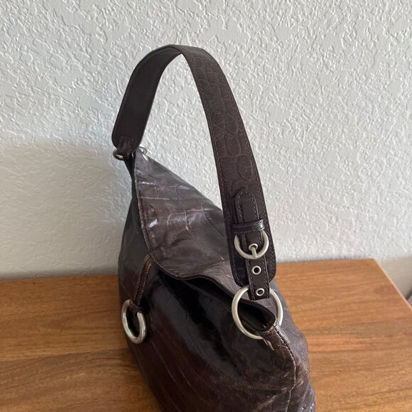 Franco Sarto Distressed Vegan Brown Glazed Embossed Croc Hobo Sholder Handbag - Picture 11 of 16